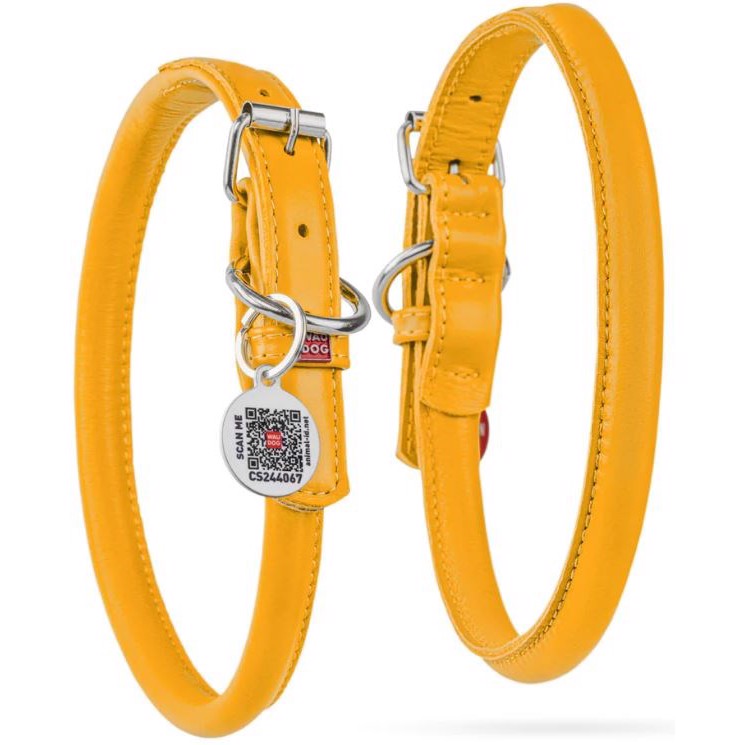 Waudog Rundsyet Læder Halsbånd Gul - Waudog Happypet - 2035318000006