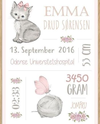 Dåbstavle Med Kat Personlig Fødselsplakat Til Den Lille Pige - Unikplakat.dk Happypet